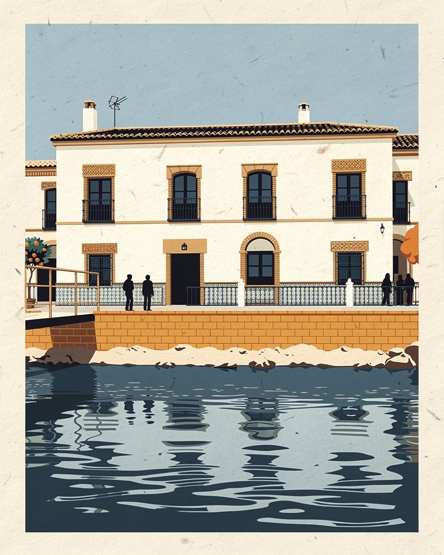 Hilera de casas bajas con balcones junto al río en Triana, con una pasarela al borde del encuadre