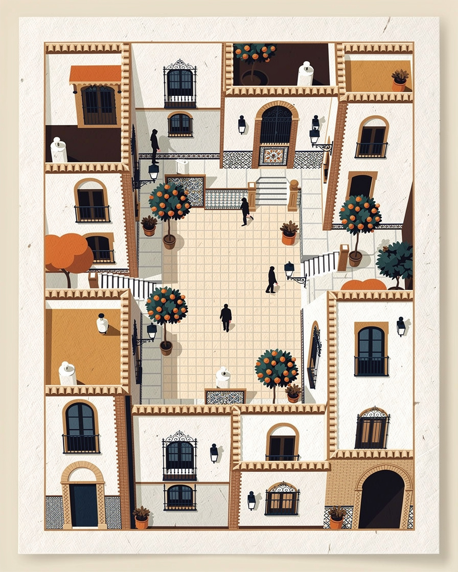 Vista cenital de un entramado denso de calles estrechas y patios con naranjos en el casco antiguo de Sevilla