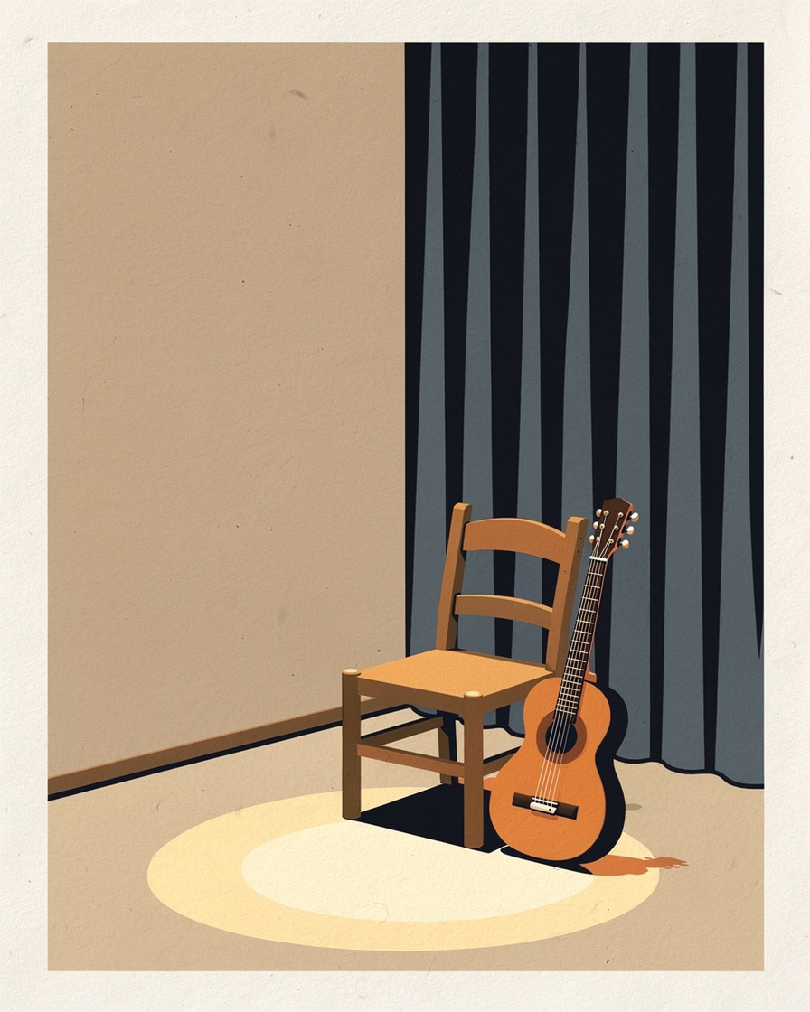 Rincón de escenario con una silla de madera y una guitarra apoyada, iluminado por un solo foco cálido