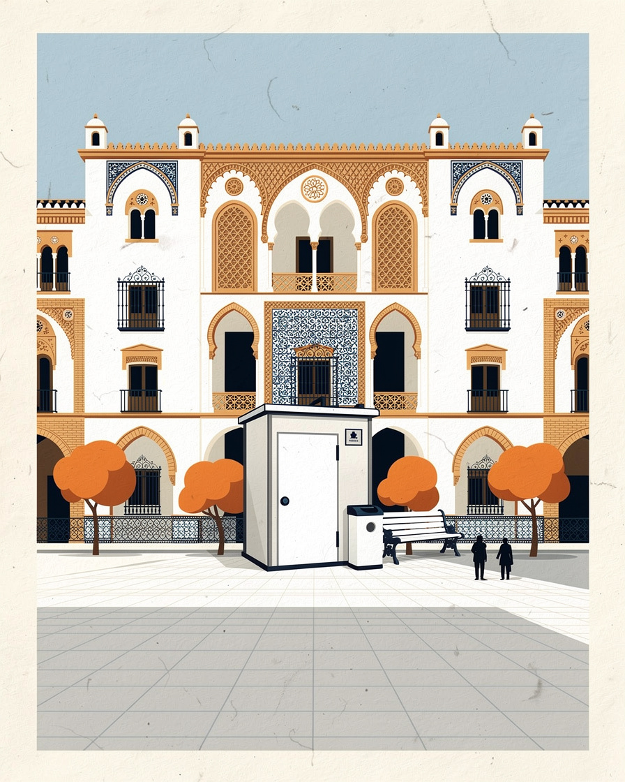 Cabina de aseo público aislada en una plaza pavimentada de Sevilla, con una papelera y un banco al lado