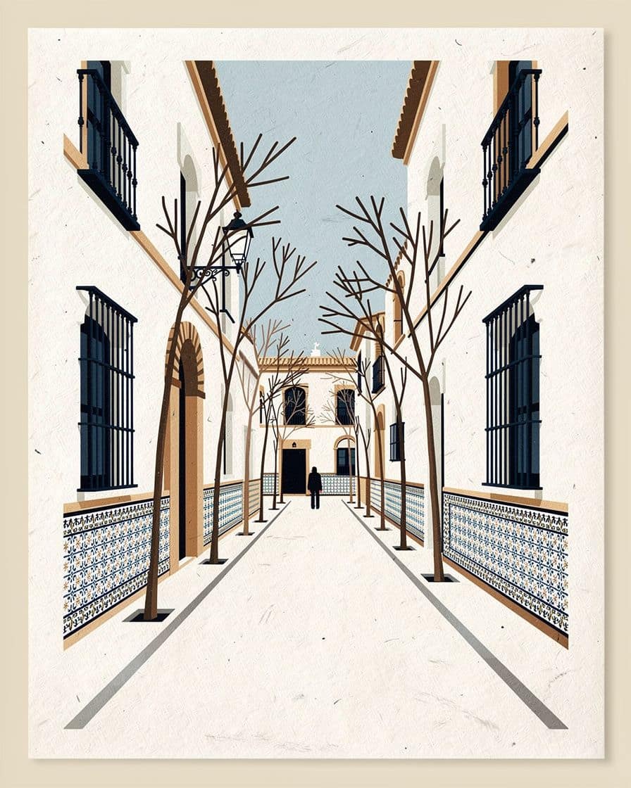 Narrow pedestrian street in Seville's old town with no cars, whitewashed facades on both sides