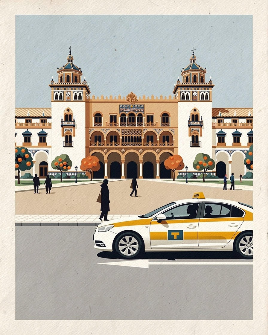 Taxi blanco con la franja amarilla sevillana esperando en la parada de la Puerta de Jerez, con el hotel Alfonso XIII y los naranjos de la avenida al fondo