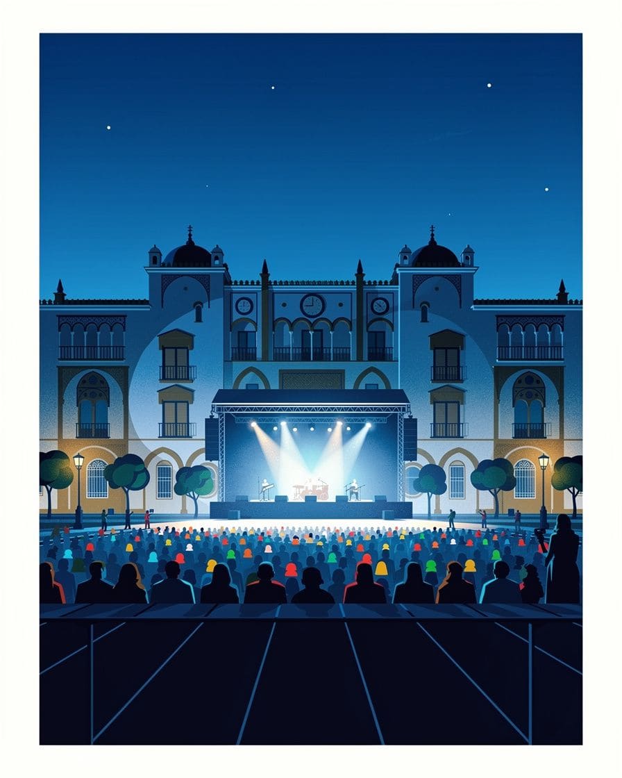 Audience at an open-air concert at night, with the stage lights illuminating the scene