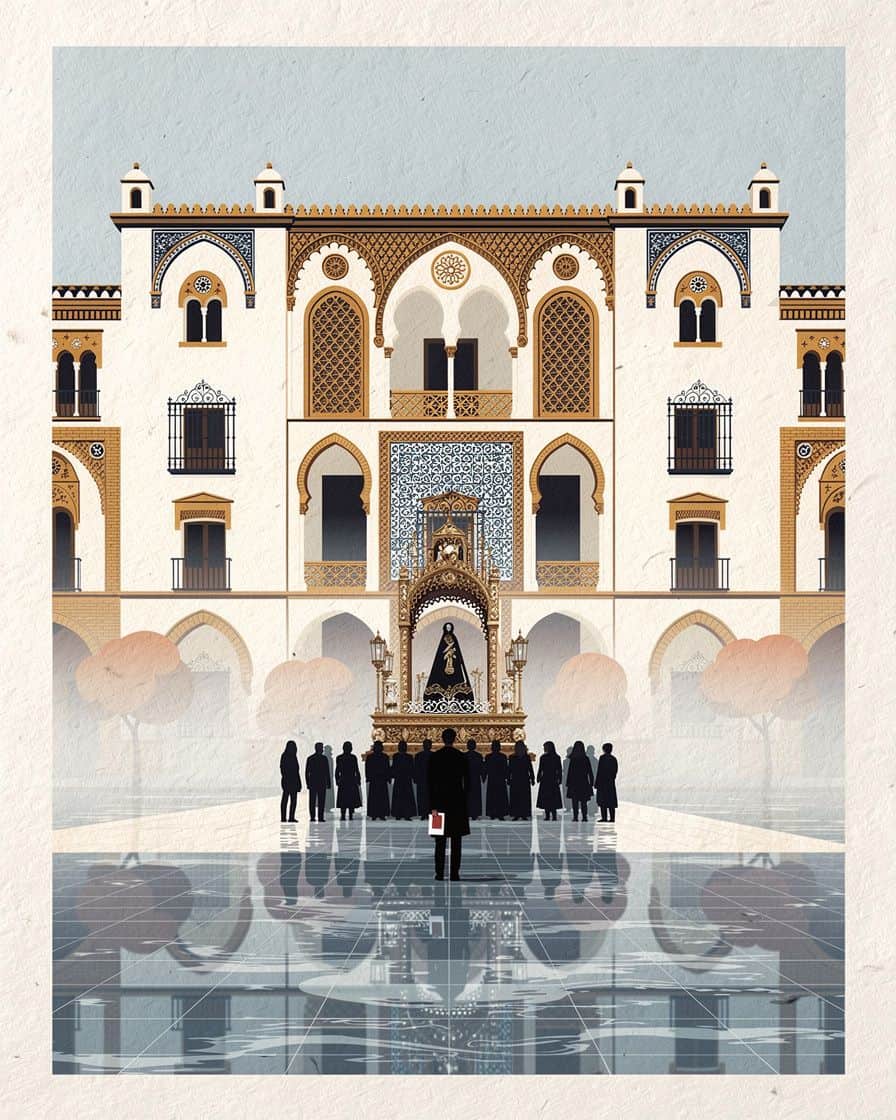 Bearers under a Holy Week float in Seville at the moment it is lifted, with the foreman standing in front of the float