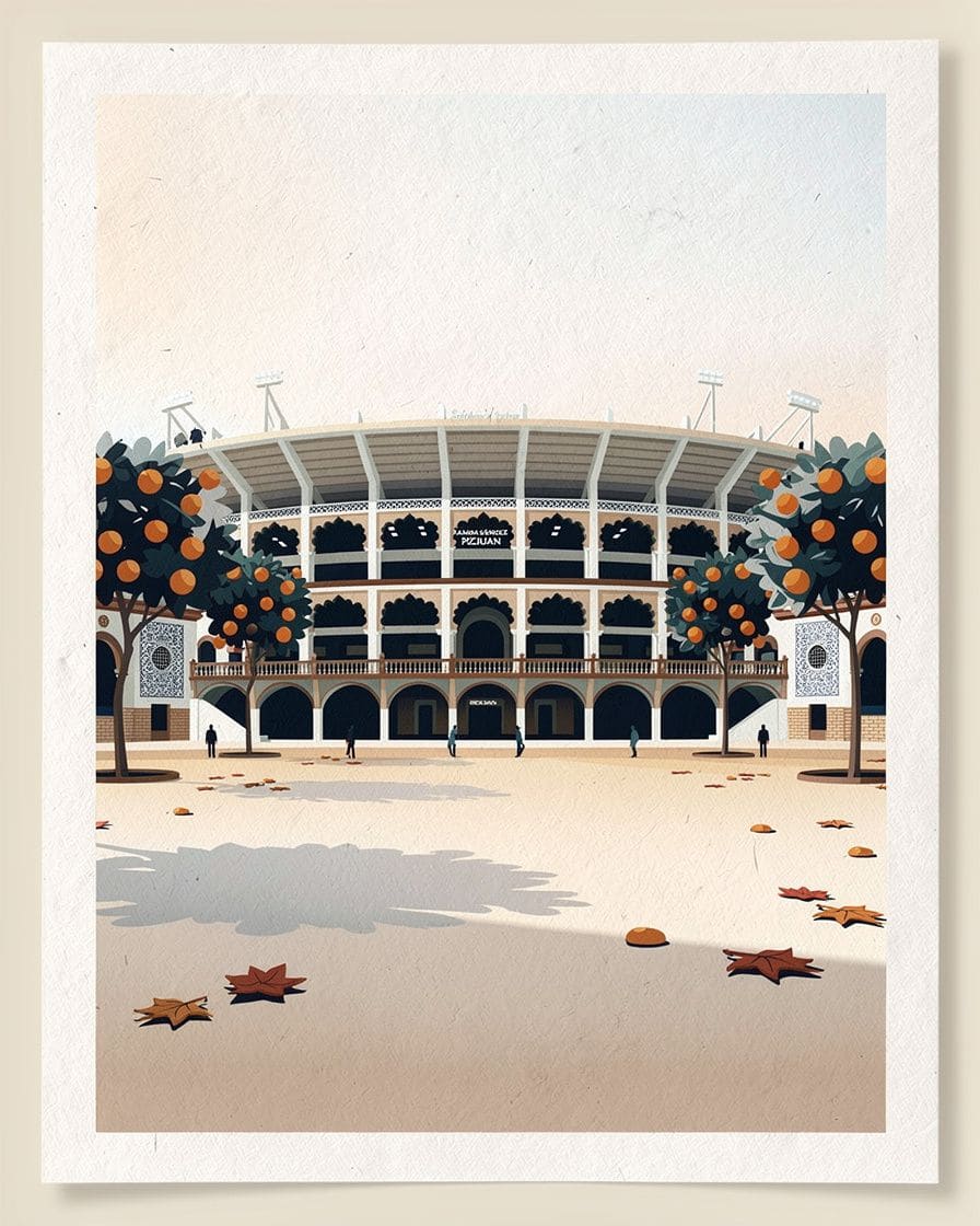 Outside the Ramón Sánchez Pizjuán stadium in Seville on match day, with fans arriving across the forecourt