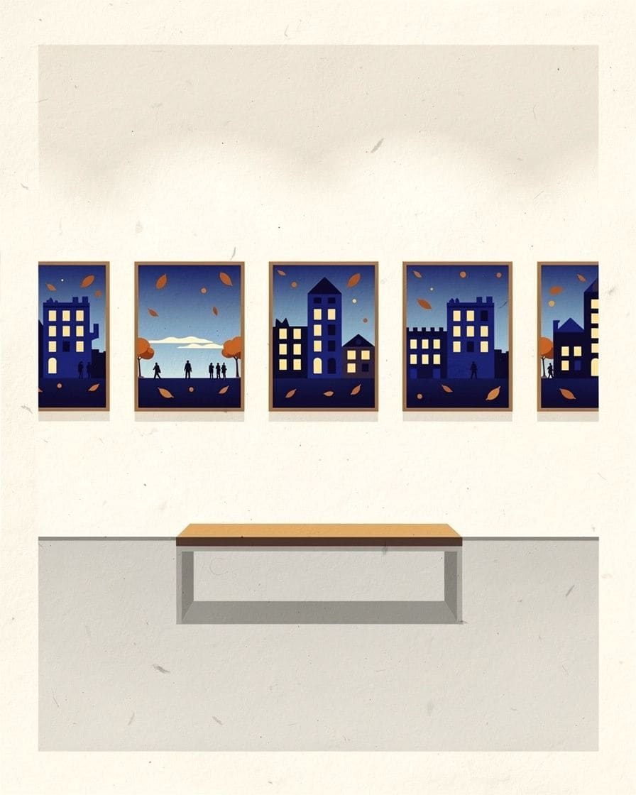 Temporary exhibition room with paintings hung on white walls and a central bench, with no visitors