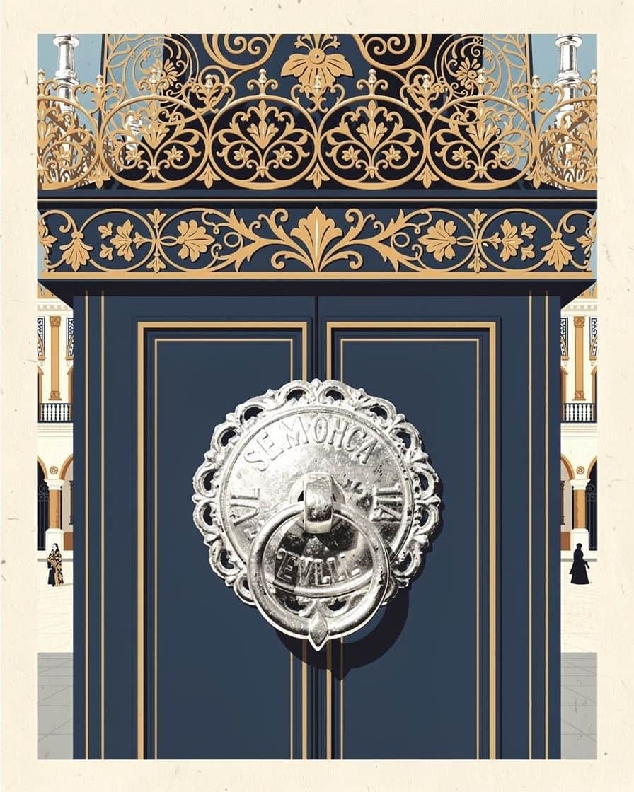 Engraved silver knocker fixed to the front of a Holy Week float in Seville, seen close up with the gilded base behind