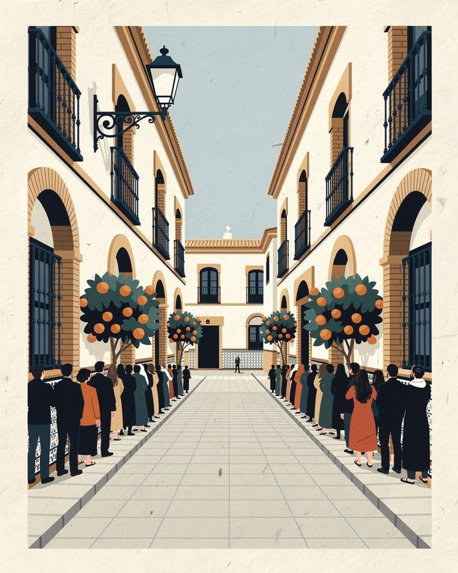Foule de spectateurs serrés des deux côtés d'une rue étroite de Séville en attendant le passage d'une procession
