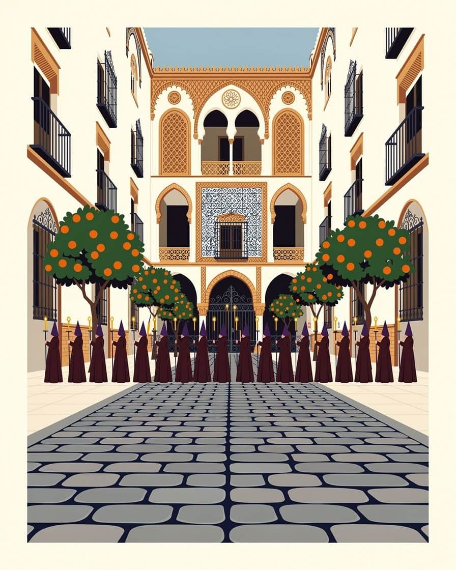 Line of nazarenos in pointed hoods holding candles walking along a cobbled Seville street during a procession, seen from the side in mid-afternoon
