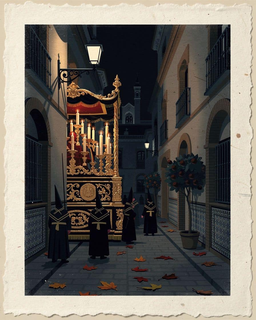 Processional paso with lit candles moving at night along a narrow street in Seville, escorted by nazarenos
