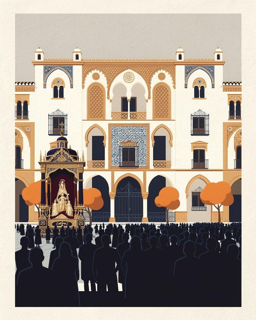 Float with a sculpted scene leaving through the door of a Seville church at sunset, with the neighbourhood crowd packed in front of the church