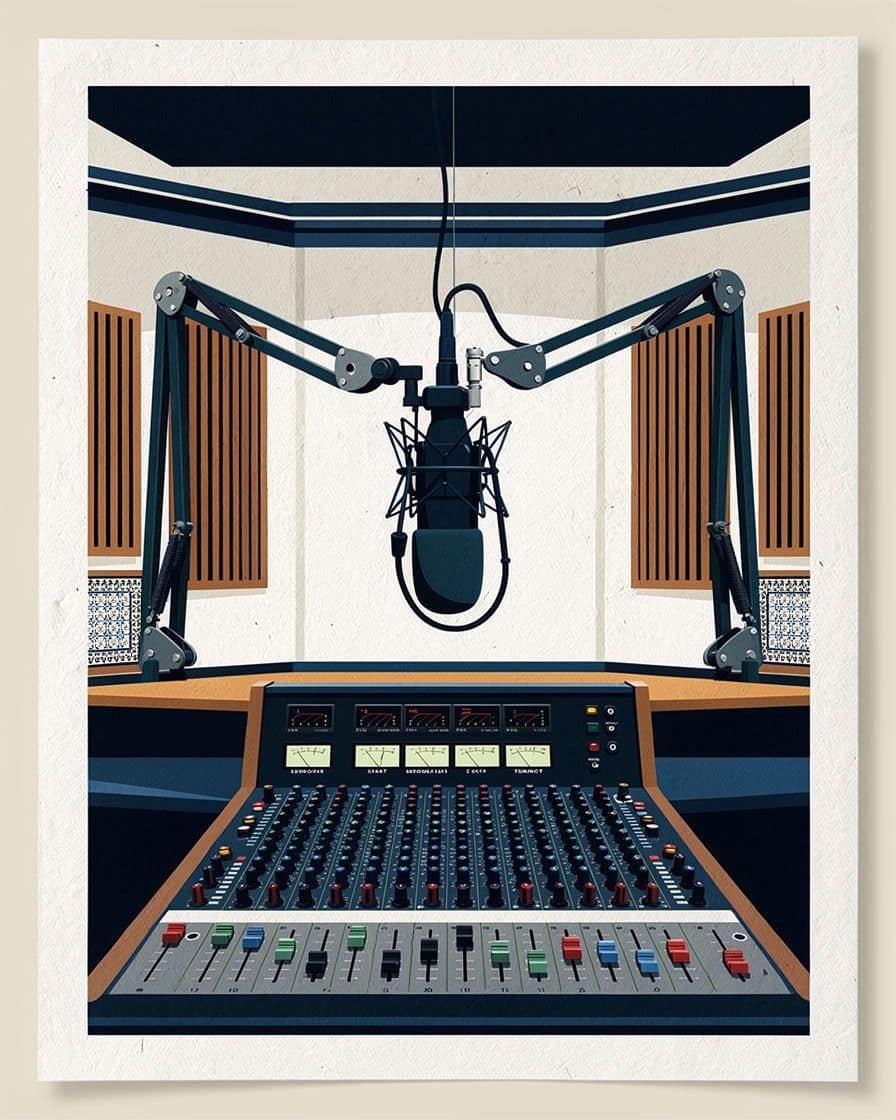 Studio de radio avec un micro professionnel et une table de mixage allumée, sans animateur présent