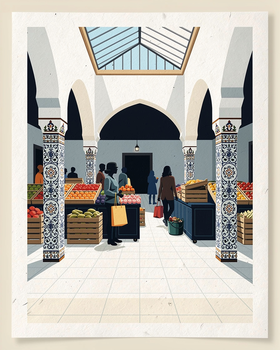 Puesto de frutas y verduras dentro del mercado de Triana en Sevilla, con azulejos en los pilares, clientes con bolsas y luz de mediodía entrando por la claraboya