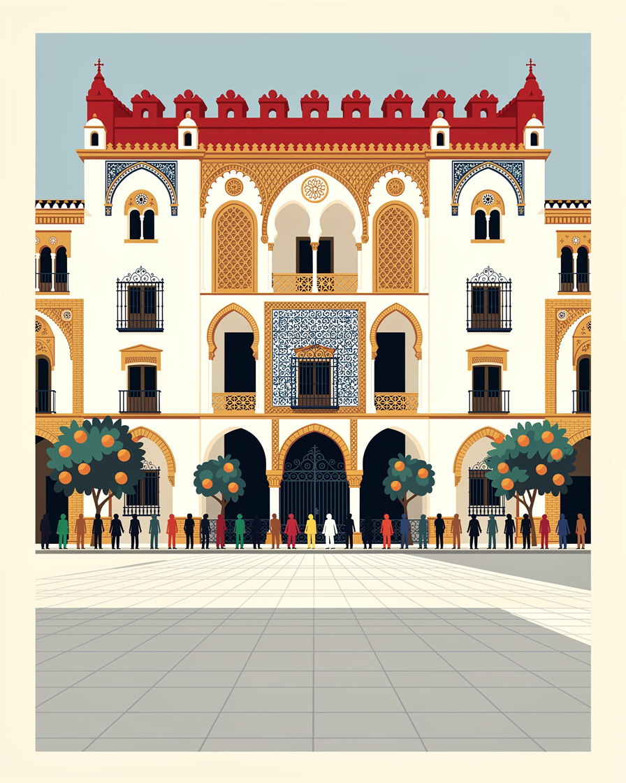 Cola de visitantes ordenada frente a la Puerta del León del Real Alcázar de Sevilla a media mañana, con la muralla almenada roja al fondo