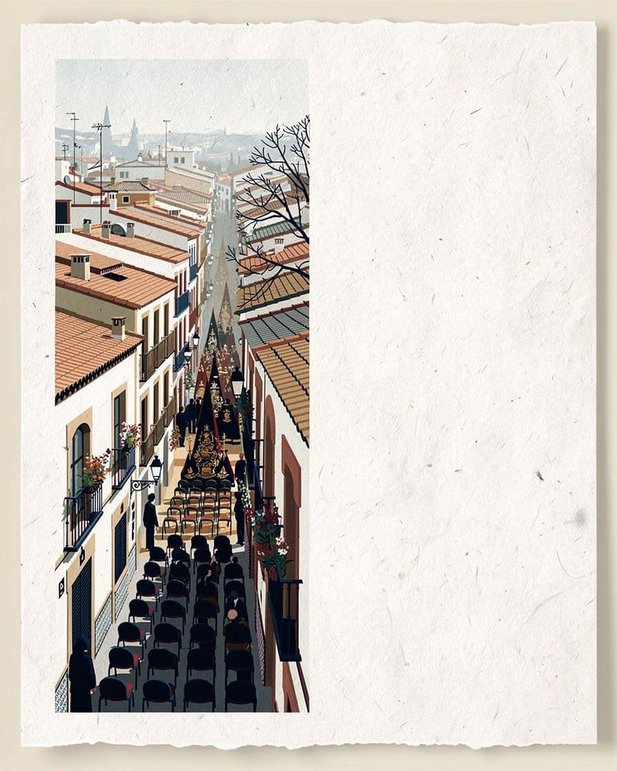 Narrow Calle Sierpes in Seville packed during a Holy Week procession, with chairs lined up on both sides